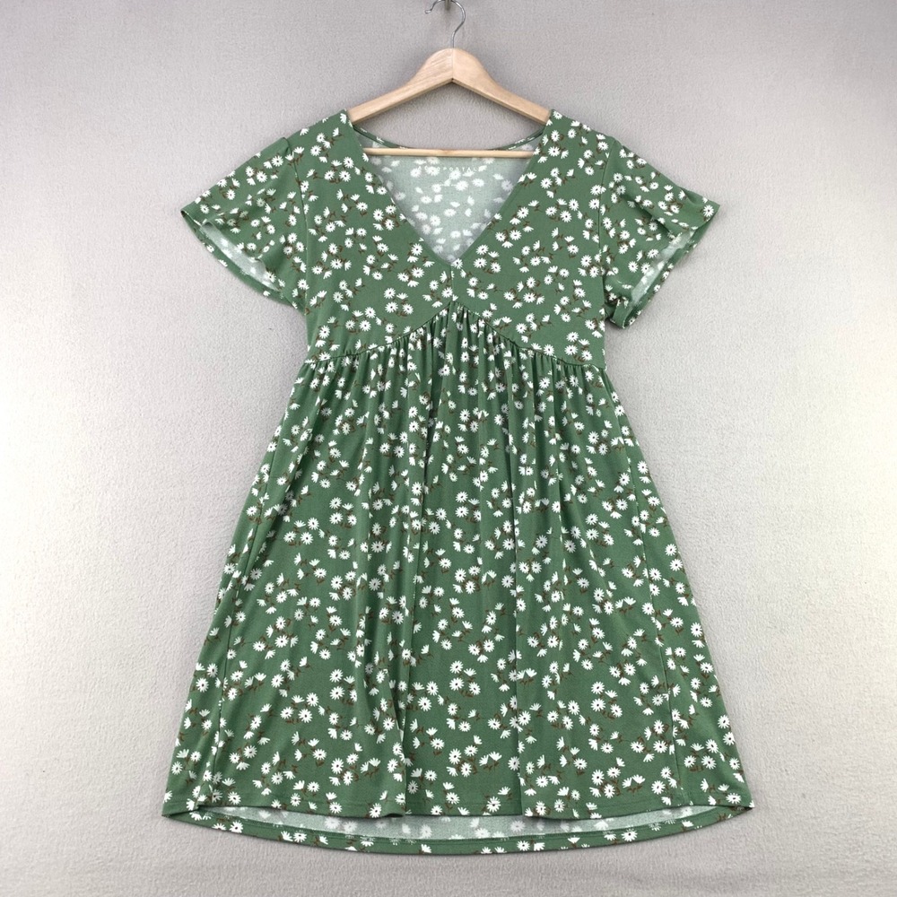 Aeropostale Daisy Babydoll Dress Women Large Green Floral V-Neck Short Sleeve